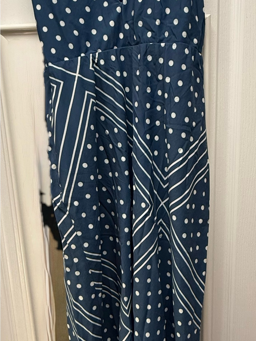 Abercrombie & Fitch Navy Midi Dress with White Polka Dot and Stripe Panels
